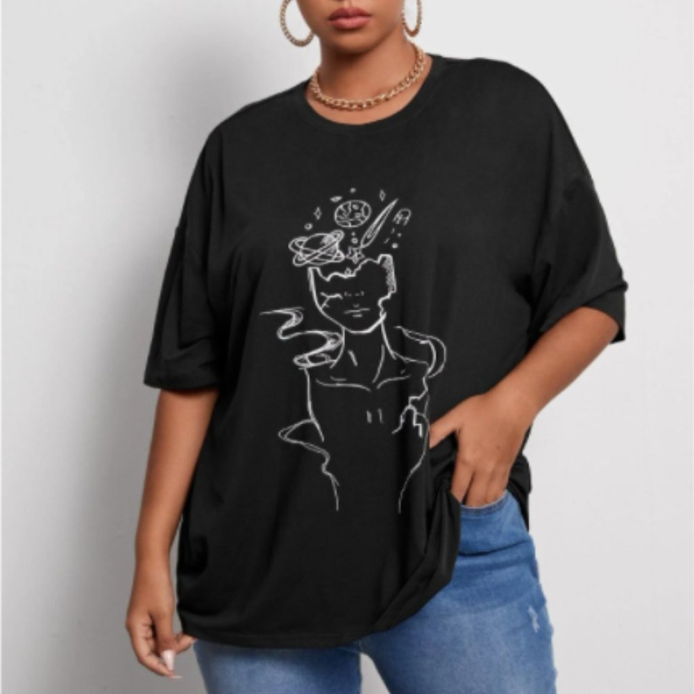 Plus Abstract Figure And Planet Print Tee 16 2XL